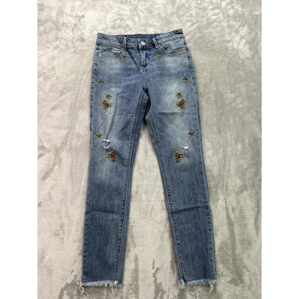 Lucky Brand Ava Skinny Jeans Womens 0/25 Wash Raw Hem Mid Rise Floral Stitch